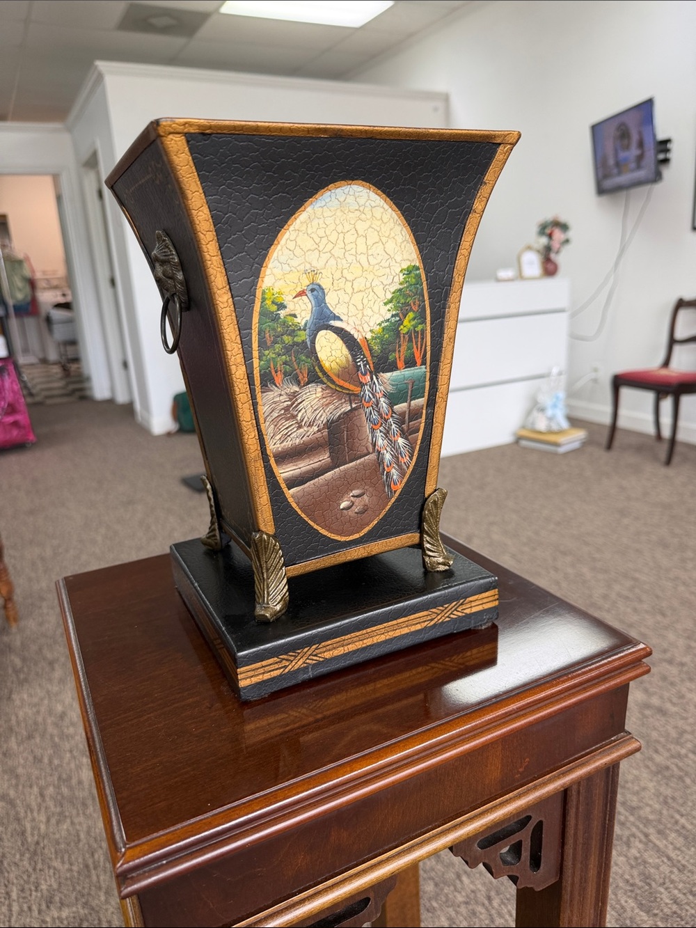 Castilian Imports vase. Beautiful hand painted peacock with gold accents.